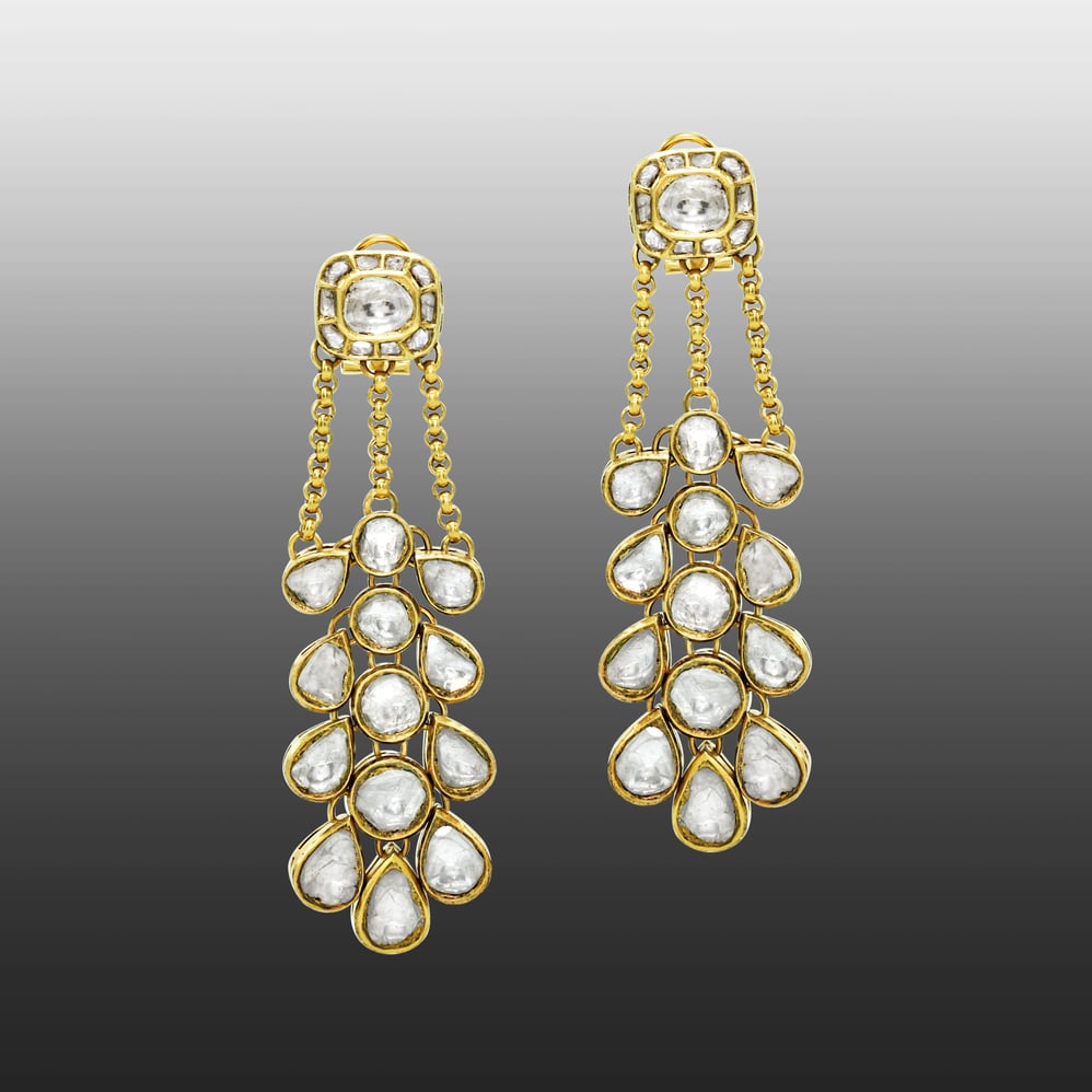 Cascading Polki Earrings with Teardrop Rows and Chain Links